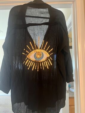 Black Sheer Swim Coverup Tunic with Gold Sequin Eye Embellishment